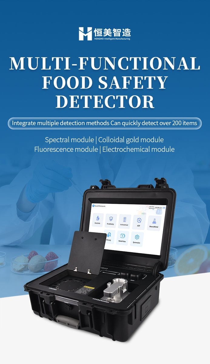 HM Instruments Multi-Functional Food Safety Detector HM-GS800 hero banner displaying 15.6-inch touchscreen and four integrated analytical modules