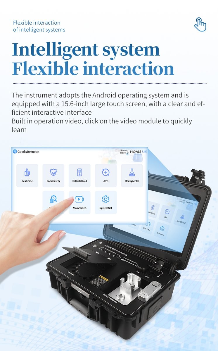 Intelligent Android 10 user interface on a 15.6-inch touchscreen showing testing categories and built-in operation instructional videos