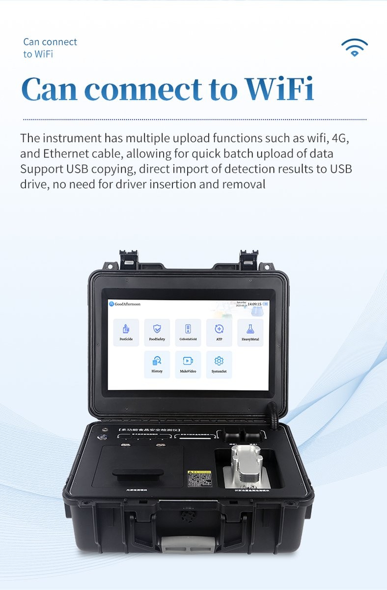 Data connectivity options including WiFi, 4G, Ethernet, and driver-free USB export for rapid inspection report synchronization