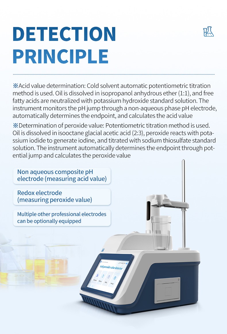 Detection principle of acid value and peroxide value with non-aqueous pH and redox electrodes